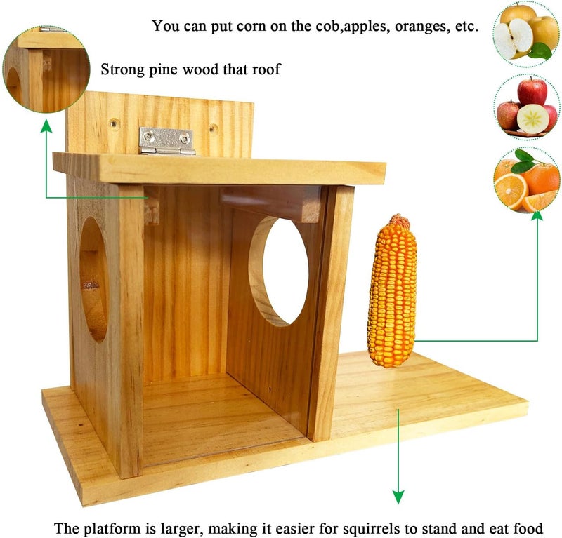 LENEDI Wooden Squirrel Feeder for Outside, Durable Chipmunk House Box Corn Holders for Peanuts, Top Lid Opens for Easy Filling & Clean with Removable Front Panel, Weatherproof - Image 2